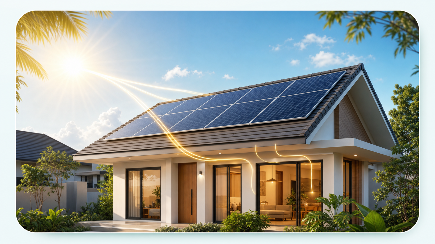 Modern home with rooftop solar panels powered by sunlight